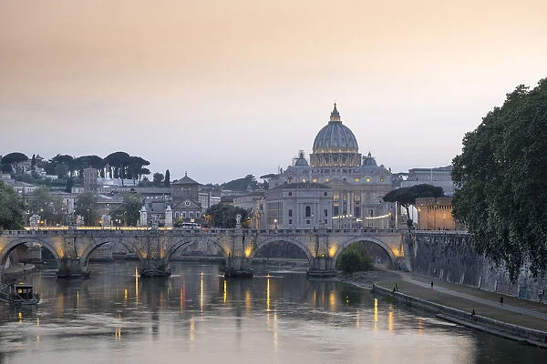 View of the Tiber (Tevere) River, Saint Angelo bridge and the dome of St. Peter s