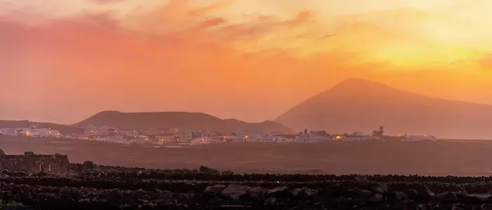 Framed Print : View of Tinajo and mountains in background at sunset, Tinajo, Lanzarote, Las Palmas, Canary Islands, Spain, Atlantic, Europe