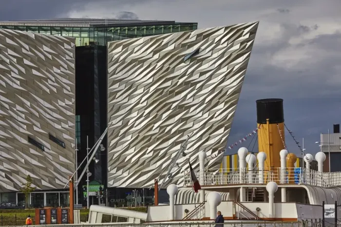 Framed Print : A view of the Titanic Museum, with the SS Nomadic, the only surviving White Star Line ship