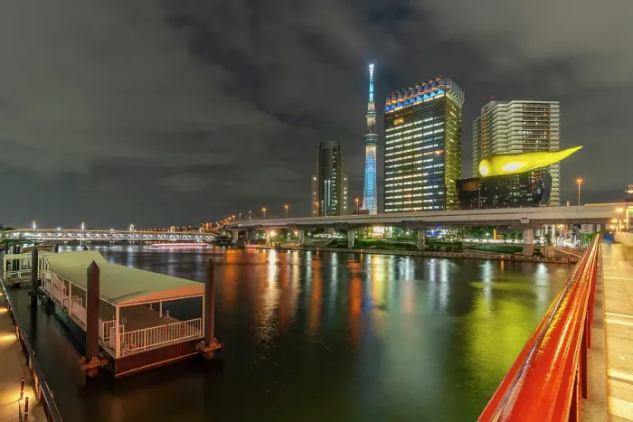 Framed Print : View of Tokyo Skytree, Azuma Bridge and Sumida River at night, Asakusa, Taito City, Tokyo, Honshu, Japan