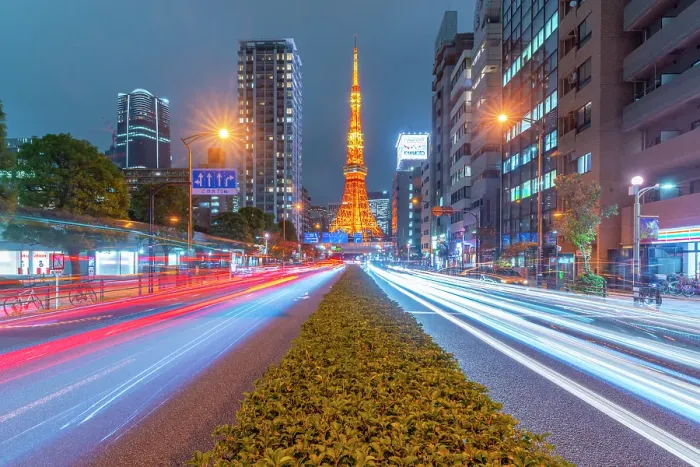 Framed Print : View of Tokyo Tower, city street and trail lights at night, Minato City, Tokyo, Honshu, Japan Framed Print : View of Tokyo Tower, city street and trail lights at night, Minato City, Tokyo, Honshu, Japan