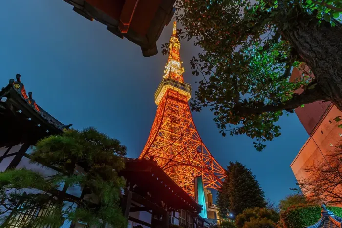 Framed Print : View of Tokyo Tower and Rurikoji Buddhist Temple at night, Minato City, Tokyo, Honshu, Japan Framed Print : View of Tokyo Tower and Rurikoji Buddhist Temple at night, Minato City, Tokyo, Honshu, Japan
