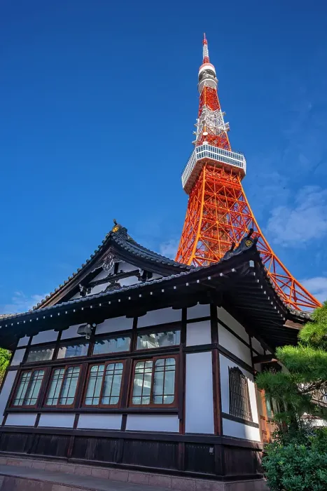 Framed Print : View of Tokyo Tower and Shinkoin Buddhist Temple against blue sky, Shibakoen, Minato City, Tokyo, Honshu, Japan Framed Print : View of Tokyo Tower and Shinkoin Buddhist Temple against blue sky, Shibakoen, Minato City, Tokyo, Honshu, Japan