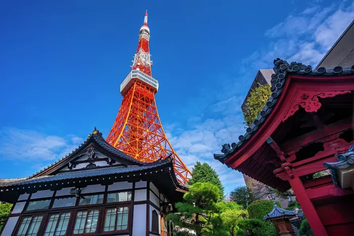 Framed Print : View of Tokyo Tower and Shinkoin Buddhist Temple against blue sky, Shibakoen, Minato City, Tokyo, Honshu, Japan Framed Print : View of Tokyo Tower and Shinkoin Buddhist Temple against blue sky, Shibakoen, Minato City, Tokyo, Honshu, Japan