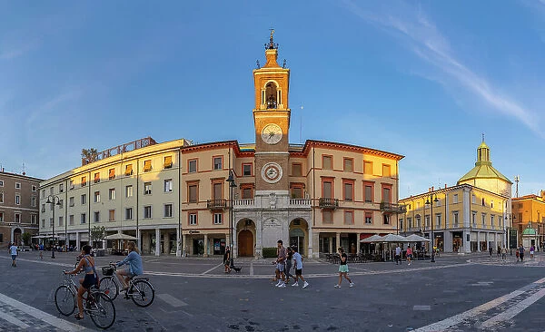 View of Torre dell'Orologio in Piazza Tre Martiri, Rimini, Emilia-Romagna, Italy, Europe
