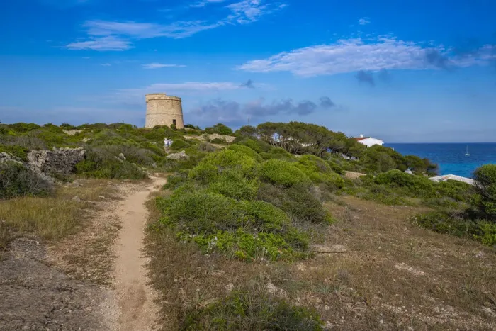 Framed Print : View of Torre de Son Ganxo and lighthouse on Illa de I Aire, Punta Prima, Menorca, Balearic Islands, Spain, Mediterranean, Europe Framed Print : View of Torre de Son Ganxo and lighthouse on Illa de I Aire, Punta Prima, Menorca, Balearic Islands, Spain, Mediterranean, Europe
