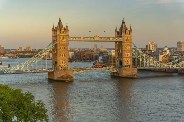 Framed Print : View of Tower Bridge and River Thames from Cheval Three Quays at sunset, London, England Framed Print : View of Tower Bridge and River Thames from Cheval Three Quays at sunset, London, England
