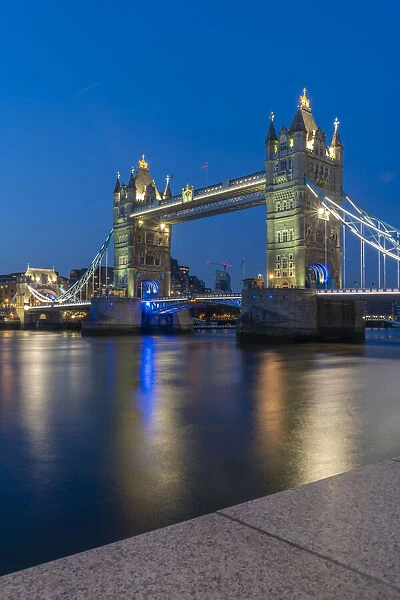 View of Tower Bridge and River Thames at dusk, London, England, United Kingdom, Europe