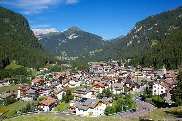 View over town from above, Canazei, Trentino-Alto Adige, Italy, Europe