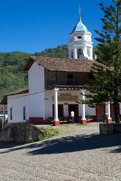 View of town and Church Belltower, San Sebastian del Oeste (San Sebastian), Jalisco, Mexico, North America
