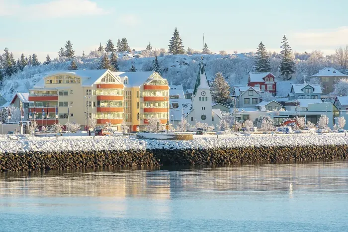 Framed Print : View of town and church from Hafnarfjorour Marina in winter, Hafnarfjorour, Iceland Framed Print : View of town and church from Hafnarfjorour Marina in winter, Hafnarfjorour, Iceland