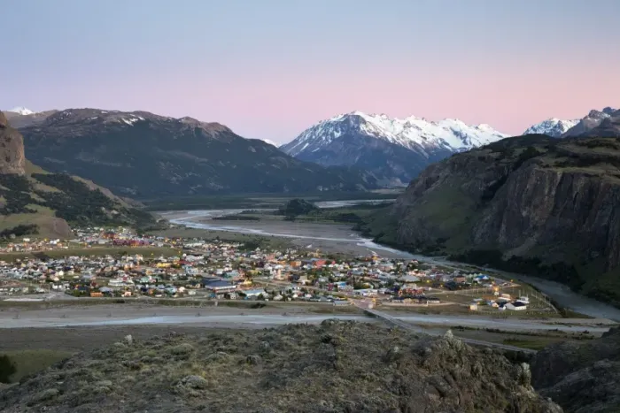 Framed Print : View over town of El Chalten and Rio de las Vueltas and Rio Fitz Roy, El Chalten Framed Print : View over town of El Chalten and Rio de las Vueltas and Rio Fitz Roy, El Chalten
