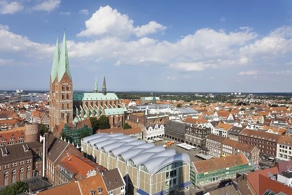 View of town hall and Marien Church, Lubeck, Schleswig Holstein, Germany, Europe