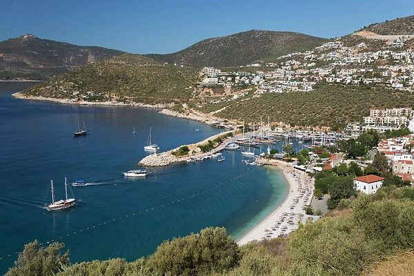View over town and harbour with Gulets, Kalkan, Lycia, Antalya Province, Mediterranean Coast