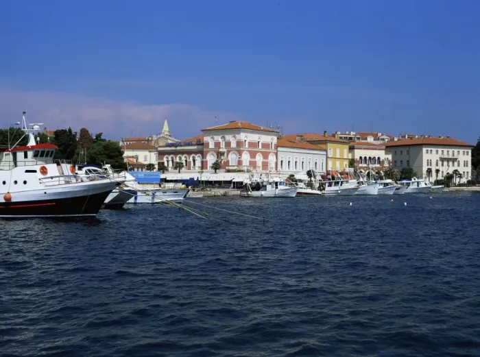 Framed Print : View of town over harbour, Porec, Istria district, Croatia, Europe