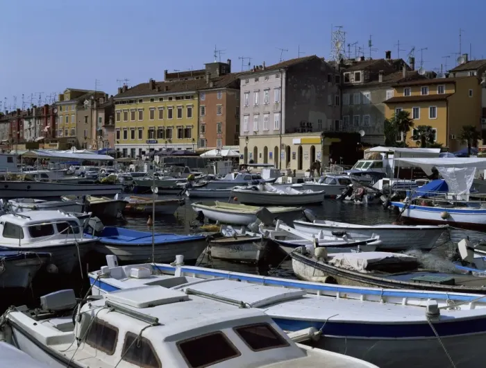 Framed Print : View of town over harbour, Rovinj, Istria district, Croatia, Europe Framed Print : View of town over harbour, Rovinj, Istria district, Croatia, Europe