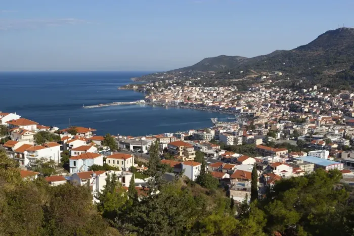 Framed Print : View over town and port, Samos Town, Samos, Aegean Islands, Greece Framed Print : View over town and port, Samos Town, Samos, Aegean Islands, Greece