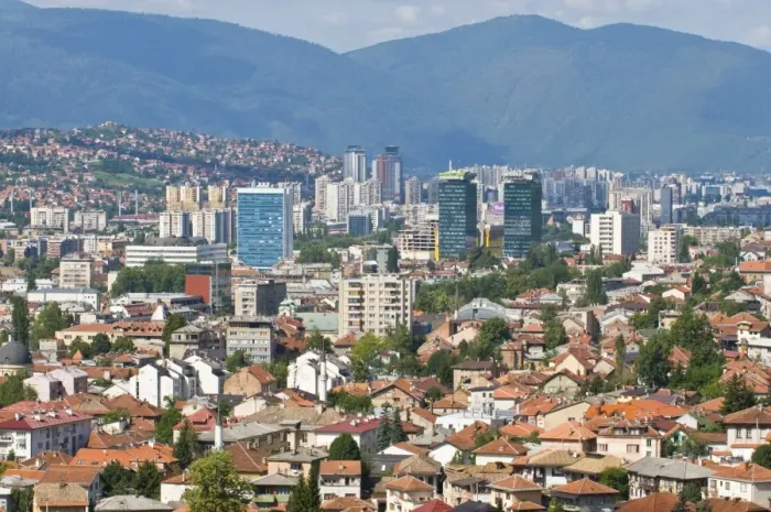 Framed Print : View over the town of Sarajevo, Bosnia-Herzegovina, Europe Framed Print : View over the town of Sarajevo, Bosnia-Herzegovina, Europe