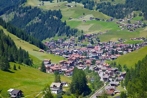 View over town, Selva Gardena, Gardena Valley, Bolzano Province, Trentino-Alto Adige  /  South Tyrol, Italian Dolomites, Italy, Europe