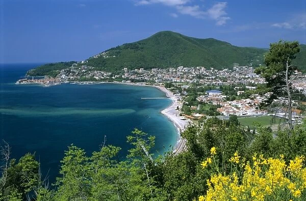 View over town and Slovenska Beach, Budva, The Budva Riviera, Montenegro, Europe