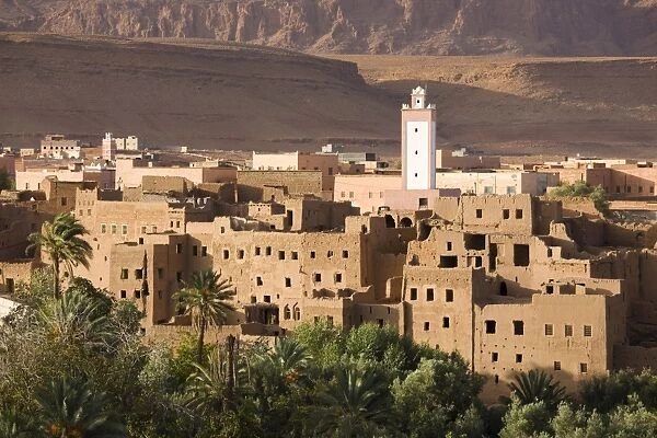 View over the town of Tinerhir showing crumbling kasbahs, palm groves and a modern minaret