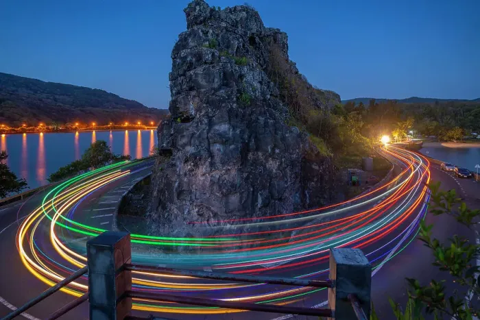 Framed Print : View of trail lights at Baie du Cap from Maconde Viewpoint at dusk, Savanne District, Mauritius, Indian Ocean, Africa