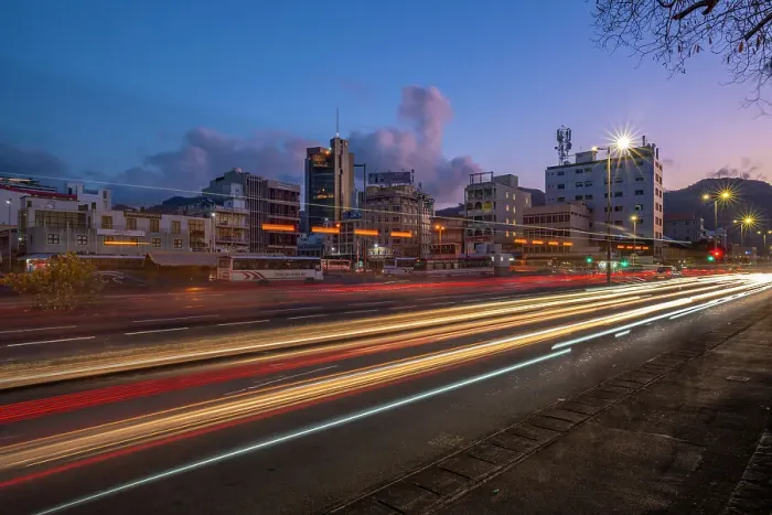 Framed Print : View of trail lights and city skyline in Port Louis at dusk, Port Louis, Mauritius, Indian Ocean, Africa Framed Print : View of trail lights and city skyline in Port Louis at dusk, Port Louis, Mauritius, Indian Ocean, Africa