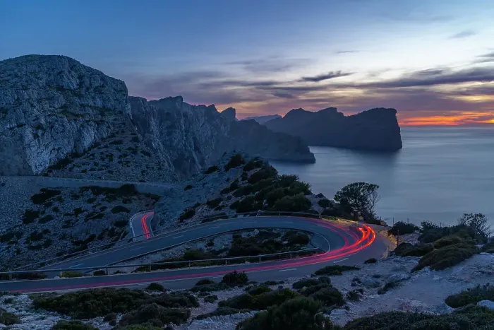 Framed Print : View of trail lights at dusk and road leading to Cap Formentor, Majorca, Balearic Islands, Spain, Mediterranean, Europe Framed Print : View of trail lights at dusk and road leading to Cap Formentor, Majorca, Balearic Islands, Spain, Mediterranean, Europe