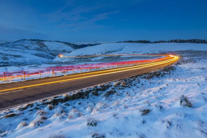 Framed Print : View of trail lights on frozen landscape near Buxton at dusk, High Peak, Derbyshire Framed Print : View of trail lights on frozen landscape near Buxton at dusk, High Peak, Derbyshire