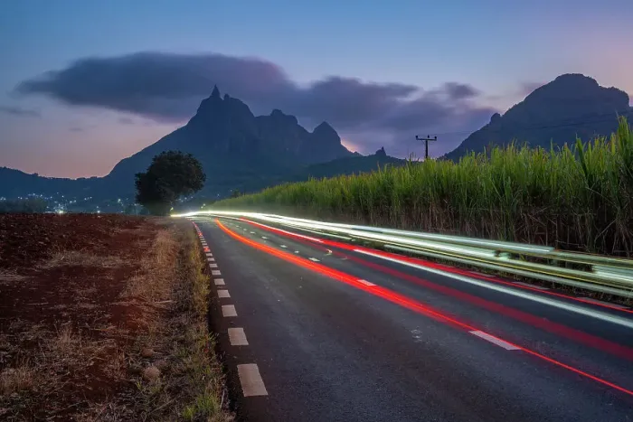 Framed Print : View of trail lights and Long Mountains at dusk near Beau Bois, Mauritius, Indian Ocean, Africa Framed Print : View of trail lights and Long Mountains at dusk near Beau Bois, Mauritius, Indian Ocean, Africa