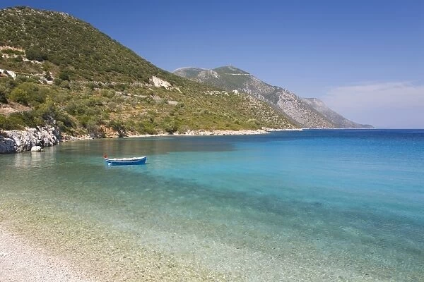 View across the tranquil Gulf of Molos, near Vathy (Vathi), Ithaca (Ithaki), Ionian Islands, Greek Islands, Greece, Europe