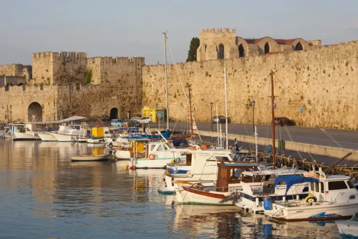 Framed Print : View across tranquil Kolona Harbour to the city walls, sunrise, Rhodes Town, Rhodes Framed Print : View across tranquil Kolona Harbour to the city walls, sunrise, Rhodes Town, Rhodes