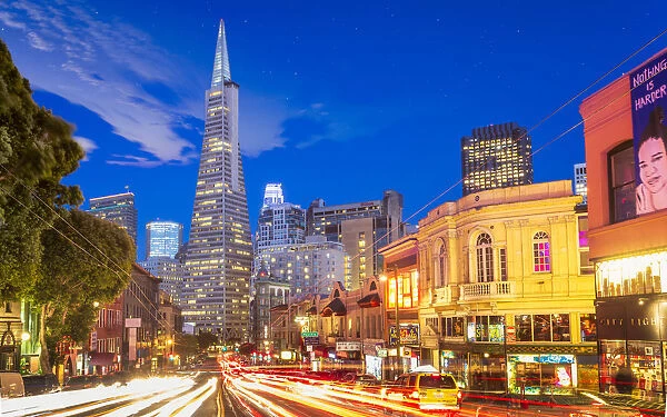 View of Transamerica Pyramid building on Columbus Avenue and car trail lights, San Francisco
