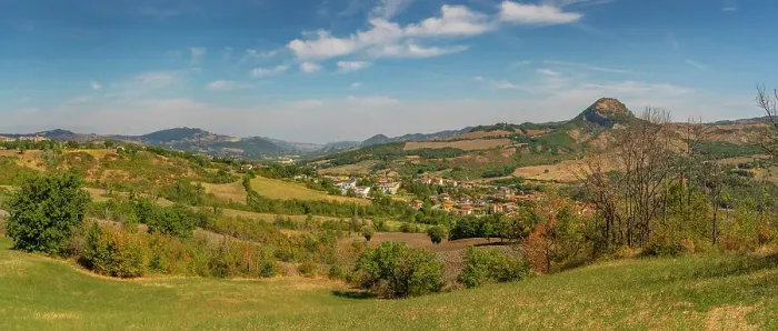 Framed Print : View of trees and countryside towards San Leo, Province of San Rimini, Emilia-Romagna, Italy, Europe