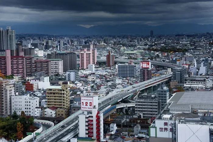 Framed Print : View from Tsutenkaku Tower in the Shinsekai area, of city skyline, Osaka, Honshu, Japan, Asia