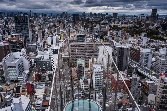 Framed Print : View from the Tsutenkaku Tower skywalk in the Shinsekai area, of the city skyline, Osaka, Honshu, Japan, Asia Framed Print : View from the Tsutenkaku Tower skywalk in the Shinsekai area, of the city skyline, Osaka, Honshu, Japan, Asia