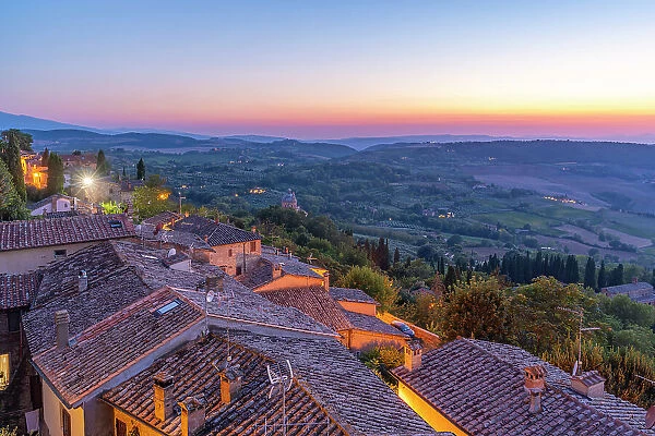 View of Tuscan landscape from Montepulciano at dusk, Montepulciano, Province of Siena, Tuscany, Italy, Europe