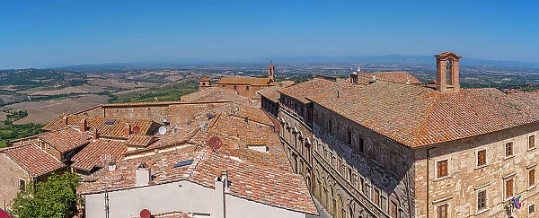 View of Tuscan landscape and rooftops from Palazzo Comunale in Montepulciano, Montepulciano, Province of Siena, Tuscany, Italy, Europe