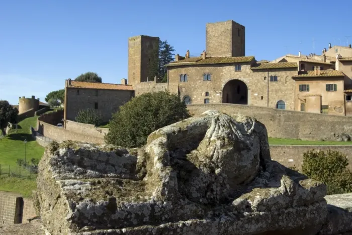 Framed Print : View of Tuscania from Bastianini Square and Etruscan sarcophagus Framed Print : View of Tuscania from Bastianini Square and Etruscan sarcophagus