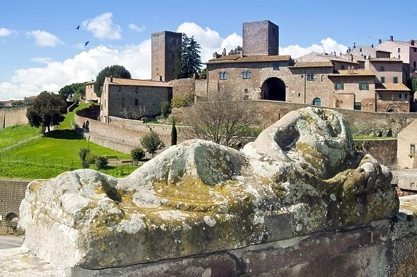 View of Tuscania from Piazza Bastianini and Etruscan sarcophagus, Tuscania