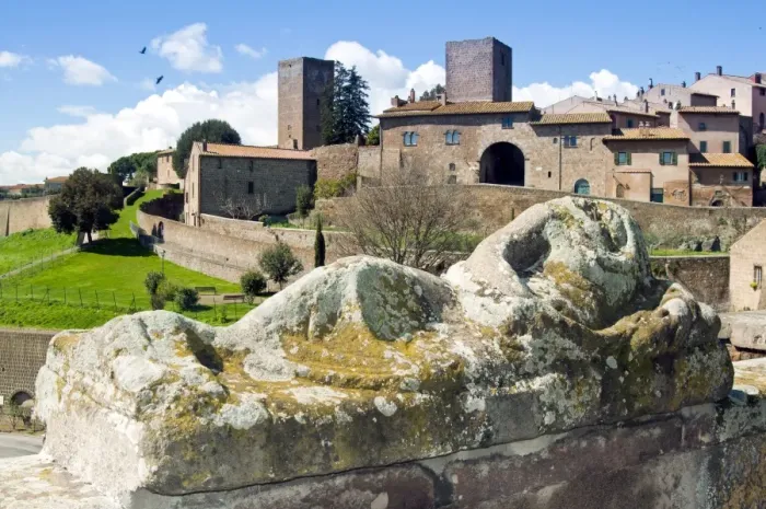 Framed Print : View of Tuscania from Piazza Bastianini and Etruscan sarcophagus, Tuscania Framed Print : View of Tuscania from Piazza Bastianini and Etruscan sarcophagus, Tuscania