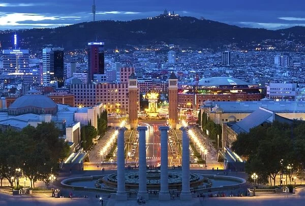 View at twilight from the steps to the Palau Nacional on Montjuic Hill over Barcelona