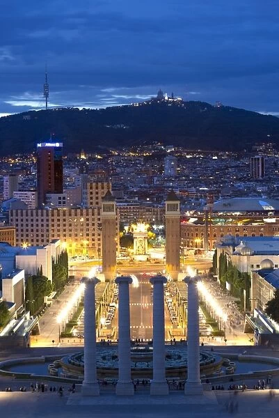 View at twilight from the steps to the Palau Nacional on Montjuic Hill over Barcelona