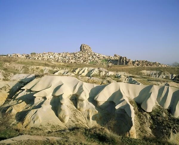 View of Uchisar and rock formations around the village