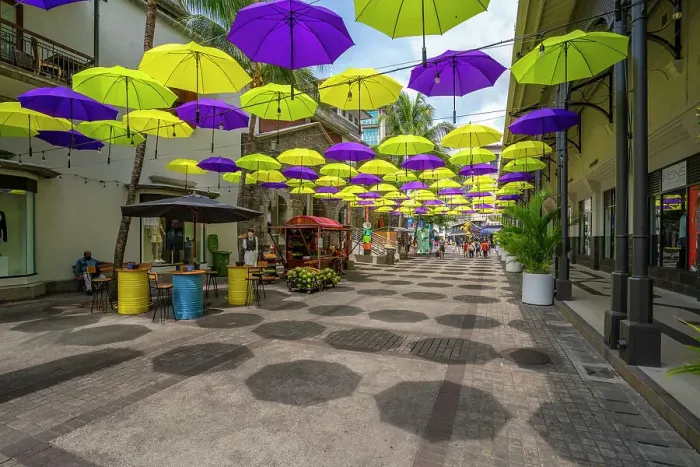 Framed Print : View of umbrellas and shops at Caudan Waterfront in Port Louis, Port Louis, Mauritius, Indian Ocean, Africa Framed Print : View of umbrellas and shops at Caudan Waterfront in Port Louis, Port Louis, Mauritius, Indian Ocean, Africa