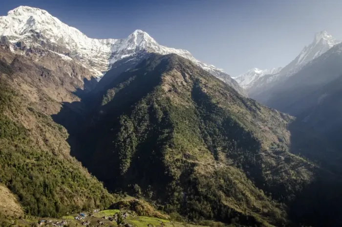 Framed Print : The view from Upper-Chomrong, around 2210m, with the peaks of Annapurna South, 7219m, Hiunchuli, 6441m and Machhapuchhare, 6993m, in the background, Annapurna Conservation Area, Nepal, Himalayas, Asia Framed Print : The view from Upper-Chomrong, around 2210m, with the peaks of Annapurna South, 7219m, Hiunchuli, 6441m and Machhapuchhare, 6993m, in the background, Annapurna Conservation Area, Nepal, Himalayas, Asia
