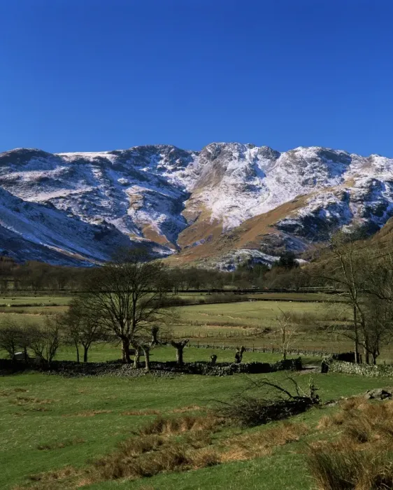 Framed Print : View along valley to Crinkle Crags in winter, Great Langdale, Lake District National Park Framed Print : View along valley to Crinkle Crags in winter, Great Langdale, Lake District National Park