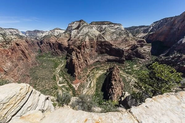 View of the valley floor from Angels Landing Trail in Zion National Park, Utah