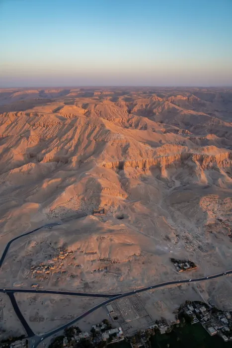 Framed Print : View of Valley of the Kings from hot air balloon over Luxor at sunrise, Luxor, Egypt, Africa