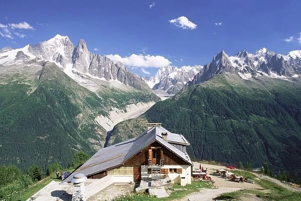 View across valley to the Mer de Glace and mountains, La Flegere, Chamonix